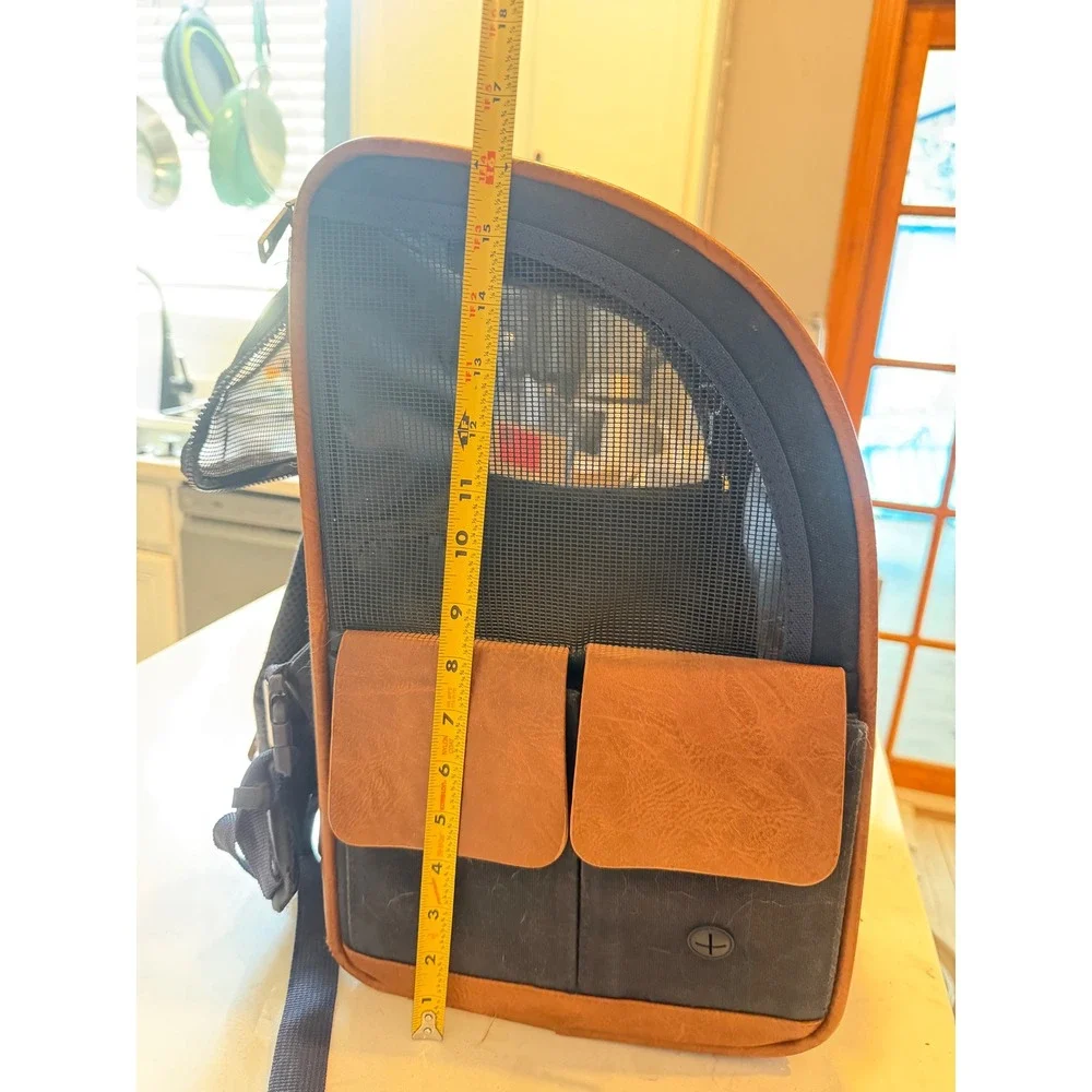 Pet Carrier Backpack Navy Canvas Faux Leather Trim Small Dog Cat Travel Bag